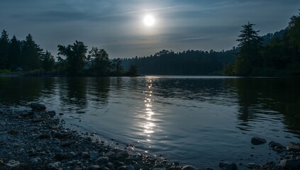 Serene Reflections on Tranquil Waters, a Moonlight Encounter with Abstract Shapes.