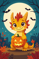 Fototapeta premium Cartoon dragon holding carved pumpkin on Halloween night 