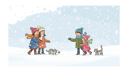 Snowy Playtime: A joyful group of children bundled in winter attire frolic in a snowy landscape, their laughter echoing through the crisp air, accompanied by playful kitten friends.