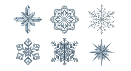 Six decorative snowflakes in blue color on white background  