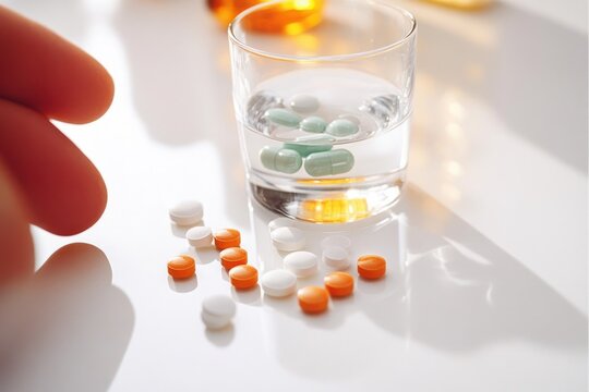 Close-up of hand reaching for scattered orange and white pills next to a glass of water containing green capsules on a white reflective surface