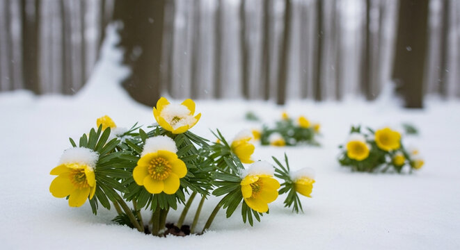 Yellow winter aconite flowers blooming in the snow.