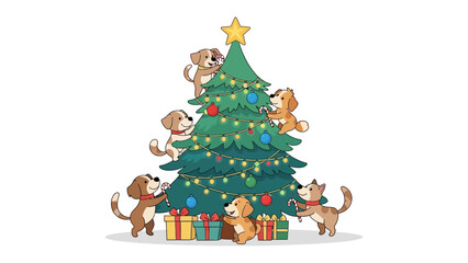 Fototapeta premium Festive Pup Decorating Tree: A cheerful scene unfolds as playful canine companions work together to adorn a Christmas tree with ornaments, lights and a star on the top of the tree.
