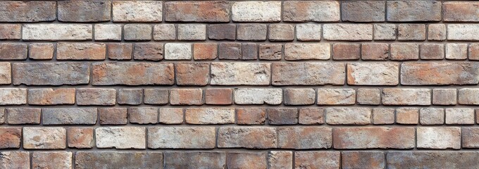 Fototapeta premium close-up of a textured brick wall with varying shades of brown, gray, and white bricks arranged in a staggered pattern showing rough surfaces and weathered details