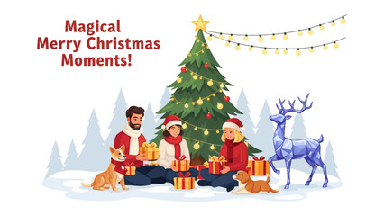 Enchanting Christmas Gathering: A family and their pet gathering by a christmas tree, adorned with shimmering lights, exuding warmth and togetherness, surrounded by presents and holiday spirit.