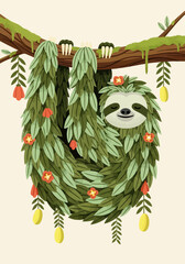 Naklejka premium Cartoon sloth hanging from tree branch surrounded by vibrant leaves 
