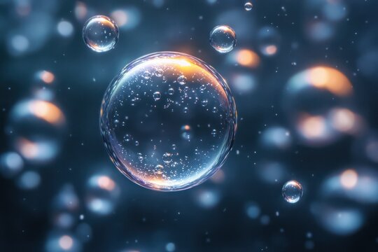 Close-up of multiple transparent bubbles floating in a dark blue environment with soft glowing highlights creating a serene and delicate atmosphere