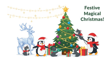 Festive Magical Christmas: Enchanting Christmas scene unfolds, with adorable penguins and a decorated tree exuding holiday cheer, capturing the essence of a truly magical Christmas.