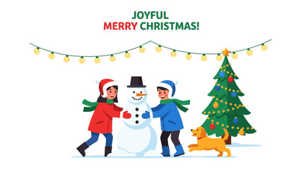 Joyful Christmas Scene: Two children, bundled in warm winter attire, are gleefully constructing a snowman, a cheerful dog frolicking nearby a decorated Christmas tree, evoking warmth of the holiday.