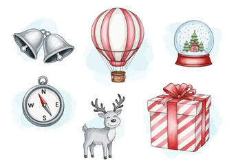 Fototapeta premium Colorful Christmas-themed icons including gift, reindeer, and snow globe 