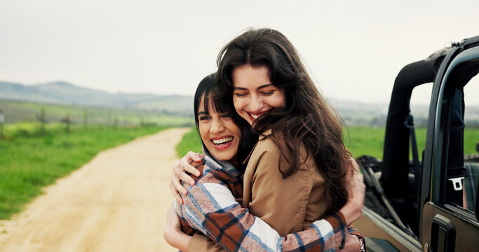 Travel, hug or women with smile, vehicle or bonding together with road trip, adventure or countryside. Outdoor, people or friends with happiness, embrace or journey with holiday, relax or destination