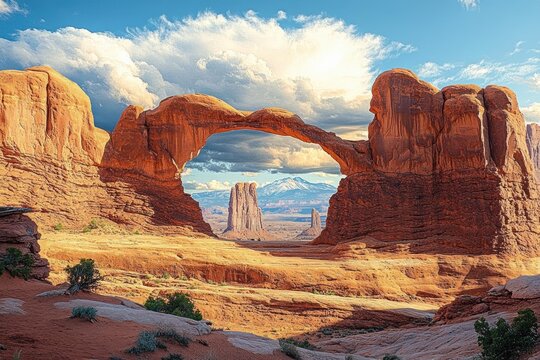 Natural red rock arch formation in desert landscape under blue sky with scattered clouds and distant rocky spires seen through the arch
