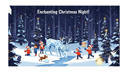 Enchanting Christmas Night Scene: A charming illustration captures the magic of a snowy Christmas night, where children joyfully play alongside a majestic ice deer.