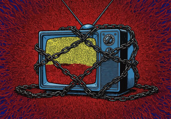 Vintage television set wrapped in chains on abstract background  