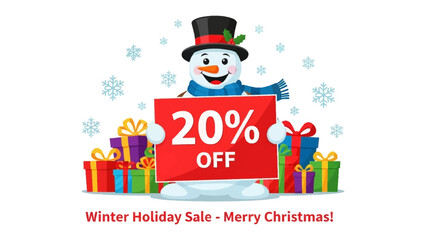 Festive Winter Sale: A cheerful snowman proudly displays a 20% OFF sign, surrounded by colorful presents and gentle snowflakes, inviting viewers to a delightful winter holiday sale.