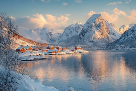 Scenic winter landscape of red cabins by calm water with snow-covered mountains illuminated by soft golden sunlight under partly cloudy sky