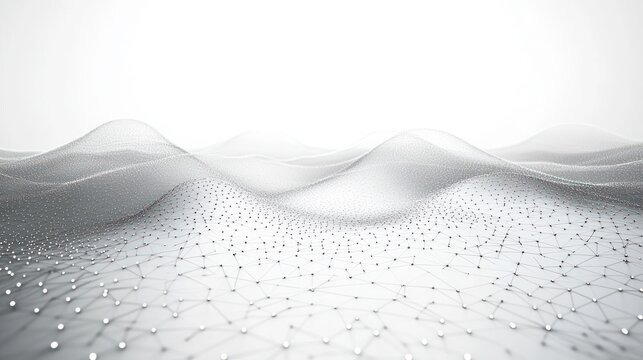Abstract digital landscape with interconnected nodes and flowing wave-like structures on a light background conveying a sense of technology and network connectivity