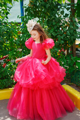 A girl in a lush pink dress and hat near the green bushes