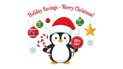 Festive Penguin's Holiday Cheer: A charming penguin, adorned with a Santa hat and holding a candy cane, joyfully heralds the holiday season and special offers, surrounded by festive ornaments.
