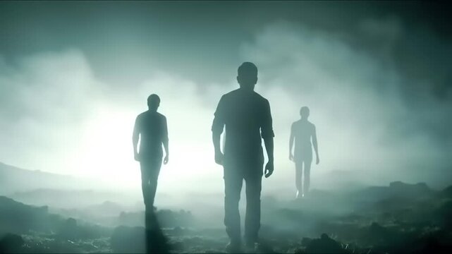 Silhouetted group walking through foggy terrain.
