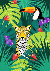 Obraz premium Jaguar and toucan surrounded by tropical leaves and flowers 