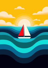 Naklejka premium Sailboat navigating through colorful waves under sunset sky 