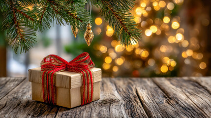 Joyful holiday season celebration with a beautifully wrapped gift under a pine tree, adorned with twinkling lights and festive ornaments in a cozy setting