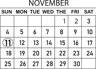 A november calendar page with the eleventh day circled on a white background in a simple style