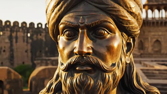 Bronze Statue of Chhatrapati Shivaji Maharaj with Historic Fort Background Depicting Indian History and Heritage