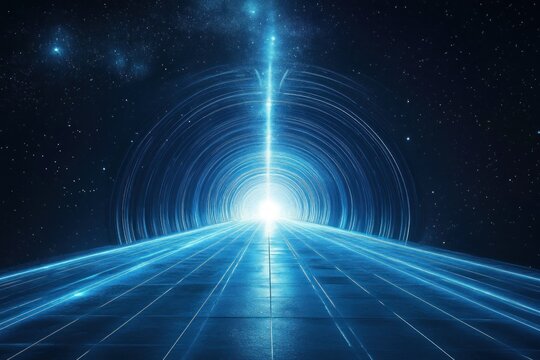 Futuristic glowing blue tunnel extending into starry space with radiant light at the end, evoking a sense of mystery and exploration