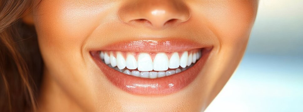 Close-up of a bright smiling mouth with glossy lips and well-aligned white teeth