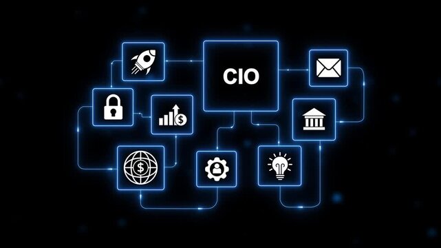 CIO Chief Information Officer business concept diagram with icons and connections on black background Keywords: CIO, Chief Information Officer, business, concept, diagram, icons