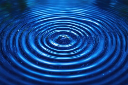 Close-up view of concentric water ripples spreading outward on deep blue water surface, creating a calming and hypnotic effect