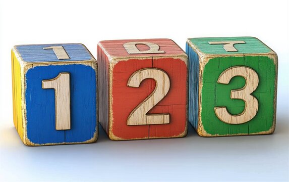 Three colorful wooden blocks with the numbers one, two, and three carved on their front and top faces conveying a playful and educational mood
