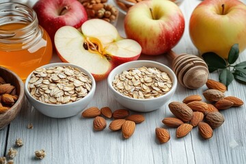Bowls of rolled oats surrounded by apples, almonds, and a jar of honey on a wooden table, evoking a wholesome and healthy breakfast vibe