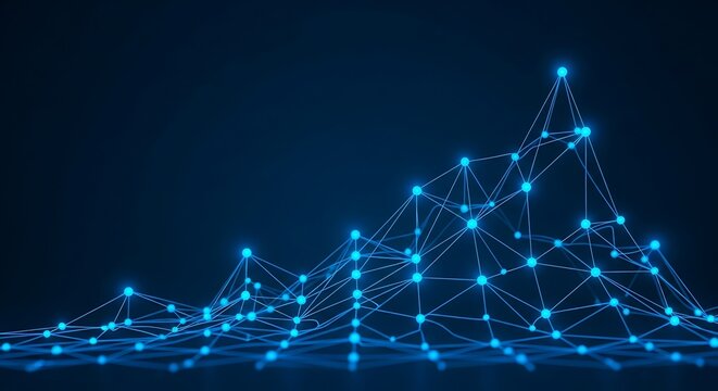 Abstract blue futuristic network visualization with glowing connected dots against dark background digital technology concept