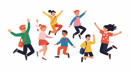 Group of children jumping joyfully in colorful clothing on white background  