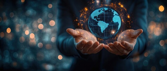Close-up of hands holding a glowing digital Earth hologram with sparks and data points against a dark blurred background evoking technology and global connection