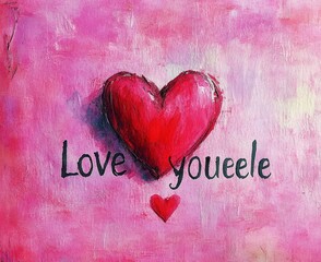 A red heart painted on a pink textured background with the words 'Love youeele' handwritten beside it conveying affection and warmth