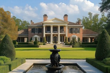 Elegant large mansion with classical columns and symmetrical windows surrounded by well-maintained green garden and topiary bushes under a blue sky with scattered clouds