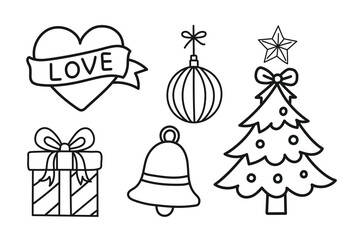 Festive christmas doodles, tree, ornament, gift, bell, heart and more vector.