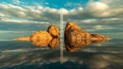 Wanddecoratie Reflectie A surreal landscape photograph of a large, symmetrical rock formation reflected in still wate  © MD