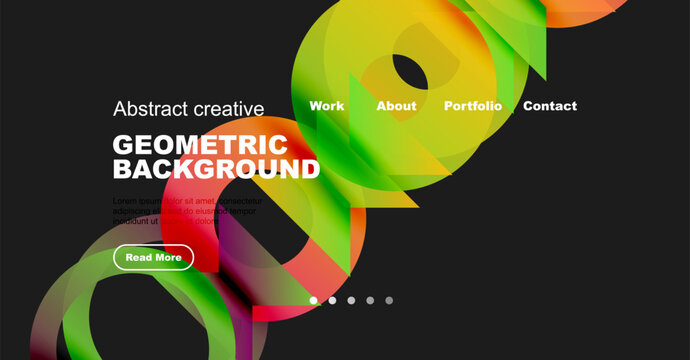 Modern website design features vibrant abstract shapes, text overlay, navigation menu. Dark background enhances colorful elements. - Powered by Adobe