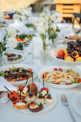 Elegant canapes with berries and cream on white plate at luxury outdoor event