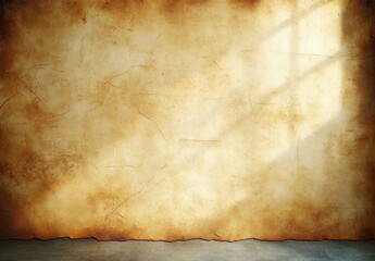 Empty aged room with cracked textured beige wall and rough concrete floor illuminated by soft natural light