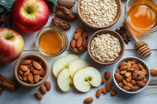 Fresh red apples, sliced green apple, bowls of almonds and oats, walnuts, cinnamon sticks, star anise, and honey with honey dipper on rustic wooden surface