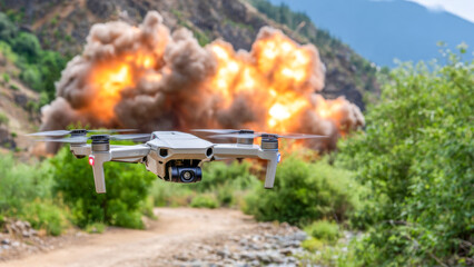 Drone captures explosion in remote mountainous area during an intense training exercise for military operations