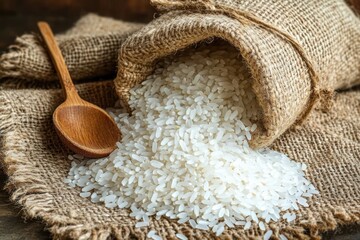 Raw white rice spilling out of a rustic burlap sack onto a coarse fabric surface alongside a wooden spoon, evoking a natural and wholesome atmosphere