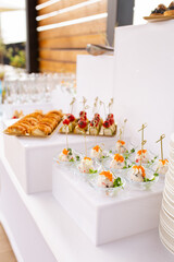 Delicate bite-sized appetizers in focus against minimalist white staging, ideal for gourmet catering, wedding visuals or premium food branding.