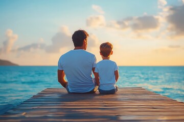 Father and son sitting side by side on wooden dock overlooking calm ocean at sunset, enjoying peaceful moment together